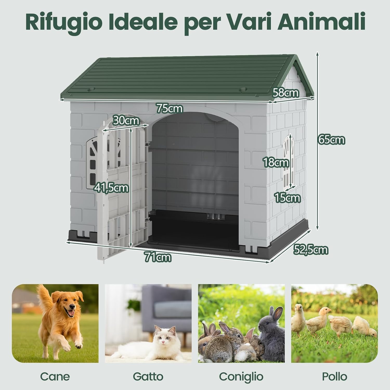 Cuccia per Cani da Esterno ed Interno, Cassetta per Cani con Porta Bloccabile, 3 Finestre e Tetto Inclinato, Cucce per Cagnolino in Plastica Impermeabile (Verde)