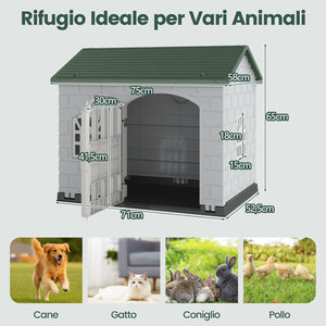Cuccia per Cani da Esterno ed Interno, Cassetta per Cani con Porta Bloccabile, 3 Finestre e Tetto Inclinato, Cucce per Cagnolino in Plastica Impermeabile (Verde)