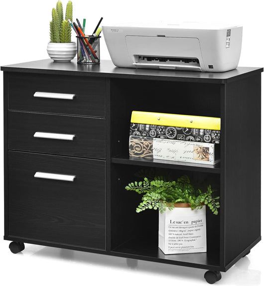 Schedario a 3 Cassetti, Supporto per Stampante con 5 Ruote e Ripiani Aperti Regolabili, Armadietto Multifunzionale per Casa e Ufficio, 81 x 41 x 66 cm (Nero)
