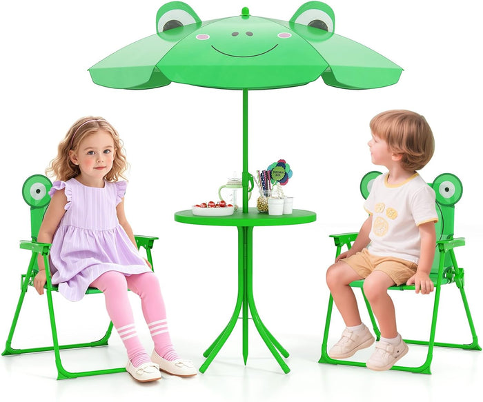 Set Tavolo da Giardino Bambini con 2 Sedie Pieghevoli, Tavolino da Esterno con Ombrellone in Poliestere Regolabile in Altezza, Set Mobili da Giardino per Bambini 3-6 Anni (Rana, Verde)