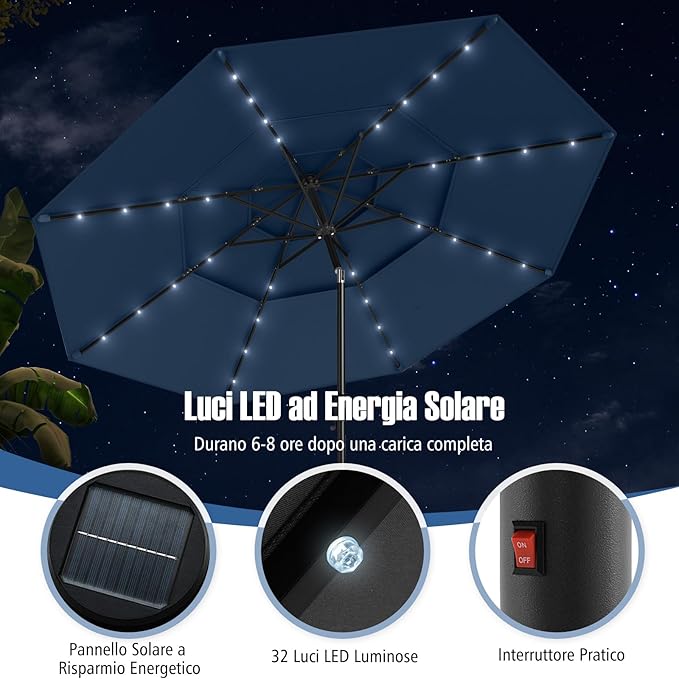 Ombrellone da Patio 313 cm con 32 Luci LED, Tetto Ventilato a 3 Piani, Inclinazioni Regolabili, Manovella, 8 Stecche, Ombrellone da Giardino, Piscina, Spiaggia