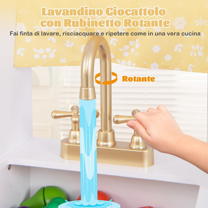 Cucina Giocattolo per Bambini, Cucina per Bambini in Legno con Forno, Microonde, Macchina da Caffè, Macchina del Ghiaccio, Lavello e Rubinetto, con Luci e Suoni per Bambini di 3+ Anni (Bianco)