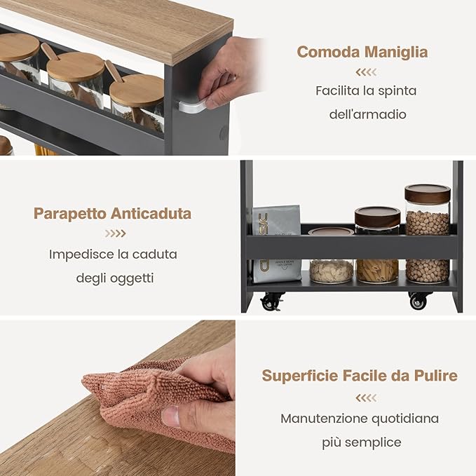 Carrello Portaoggetti da Cucina, Scaffale con Maniglia Laterale e Ruote, Carrello Salvaspazio con 3 Scaffali Stretti, 47,5x13x80,5 cm (Naturale+Grigio)