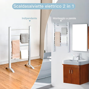 Portasciugamani Multifunzionale Elettrico 2 in 1, Portasciugamani Elettrico per Vestiti e Asciugamani 100 W, con 6 Sbarre, Struttura in Alluminio, Portasciugamani per Bagno, Argento