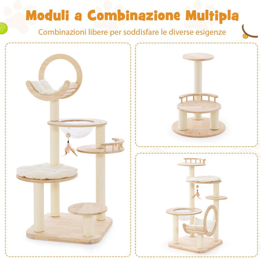 Tiragraffi per Gatti 4-in-1, Albero per Gatti in Legno di Quercia a Blocchi con Capsula Spaziale, Tiragraffi in Sisal, Piattaforma Imbottita e Giocattolo Appeso, 60 x 60 x 146 cm
