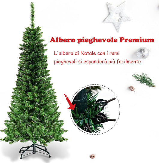 Albero di Natale 135/200/225 cm, Albero di Natale Slim con 150/250/350 Luci a LED Calde, 226/708/1085 Rami Folti e Base di Metallo, Albero di Natale con Luci Incorporate per Festa (135 cm)