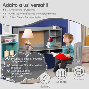 Set Scrivania e Sedia per Bambini 5-12 Anni, Tavolo in Materiale Sicuro con Bacheca in Sughero, 2 Cassetti e Spazio Ampio, Design Moderno, Ideale per Studio e Disegno (Grigio)