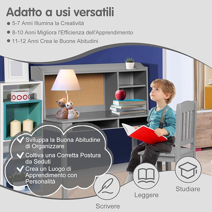 Set Scrivania e Sedia per Bambini 5-12 Anni, Tavolo in Materiale Sicuro con Bacheca in Sughero, 2 Cassetti e Spazio Ampio, Design Moderno, Ideale per Studio e Disegno (Grigio)