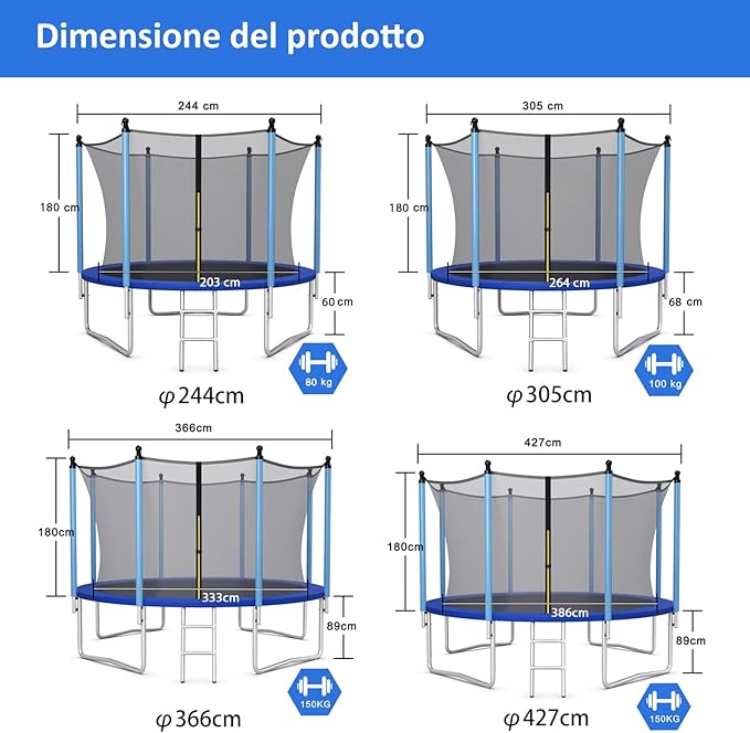 Tappeto Elastico per Bambini 244/305/366/427cm Certificato GS, Trampolino Elastico da Interno ed Esterno con Rete, Tubi Galvanizzati Antiruggine e Scala