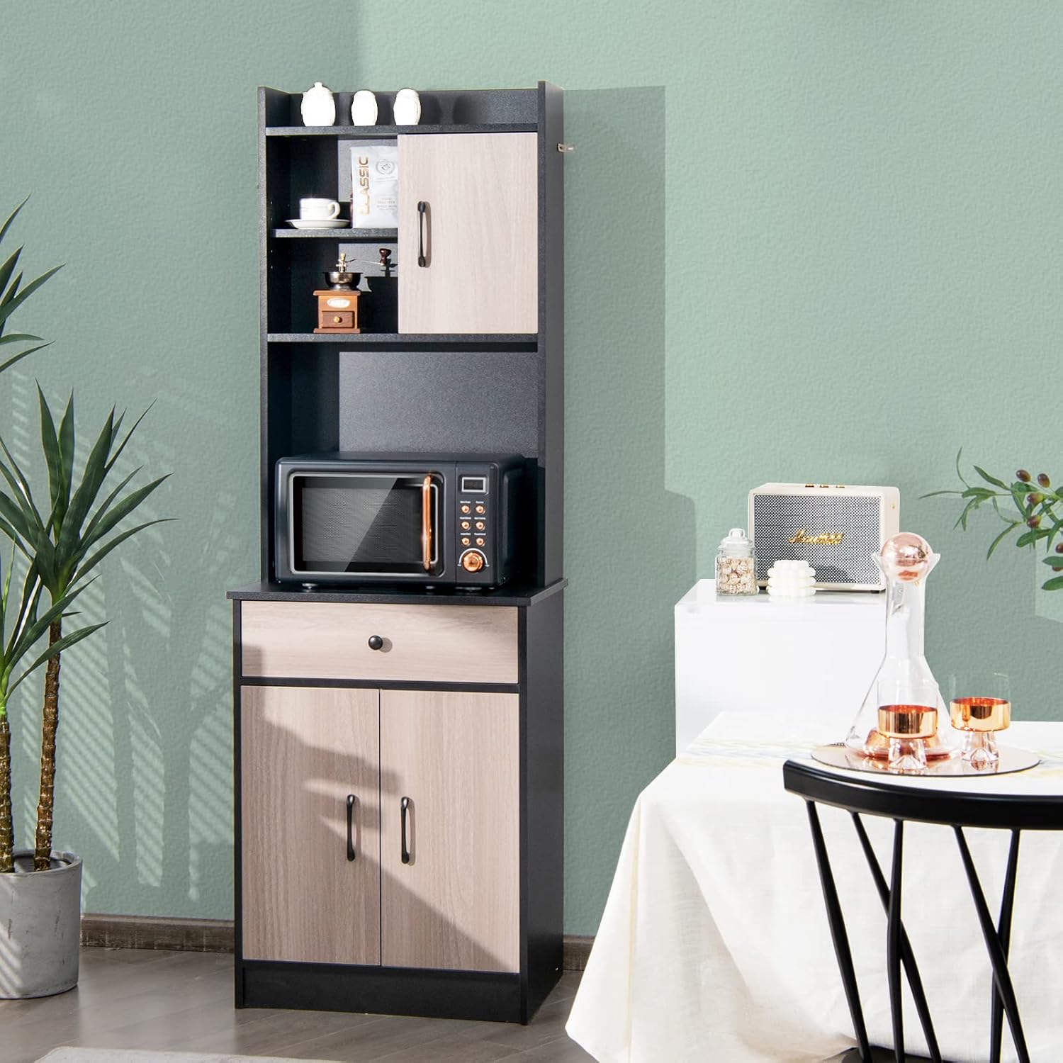 Mobile Cucina con 3 Ante e Credenza, Dispensa Cucina con Cassetto, con Foro per Cavi e Ripiani Regolabili, Ampio Spazio Aperto per Microonde, 60 x 40 x 180 cm (Nero)