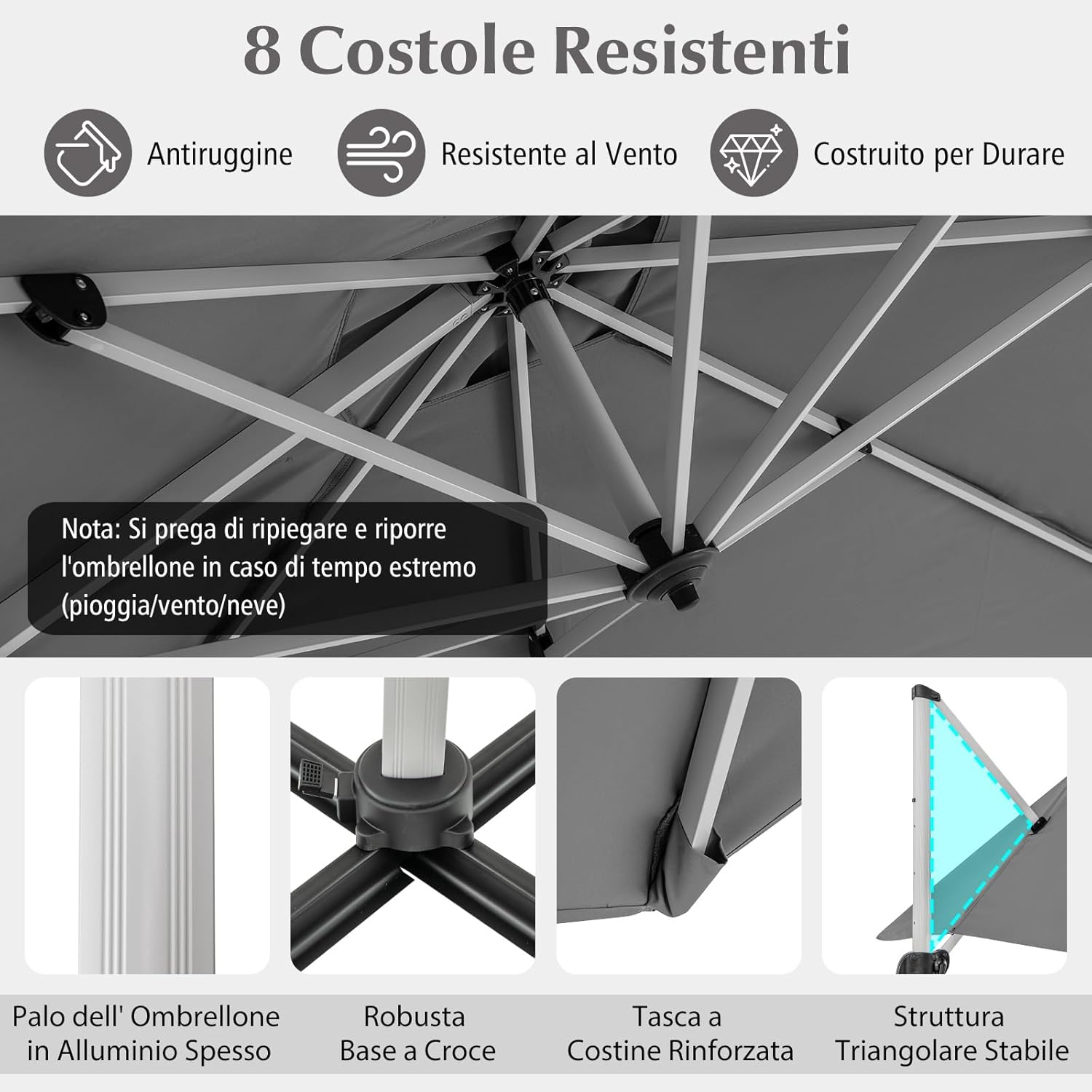 Ombrellone da Giardino 300 cm, Ombrellone Quadrato da Esterno con Rotazione a 360°, Inclinazione Regolabile, Base a Croce, 8 Stecche (Grigio, 300 x 300 x 261 cm)