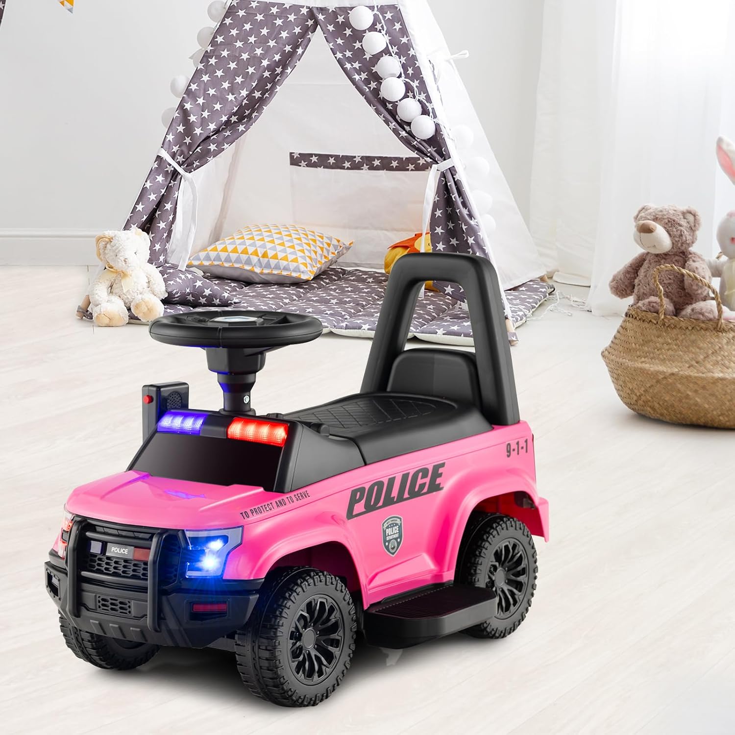 Auto Elettrica per Bambini, Auto della Polizia Giocattolo con Clacson Luce di Avvertimento e Suono della Sirena, Velocità 3 km/h, per Bambini 18-60 Mesi (Rosa)