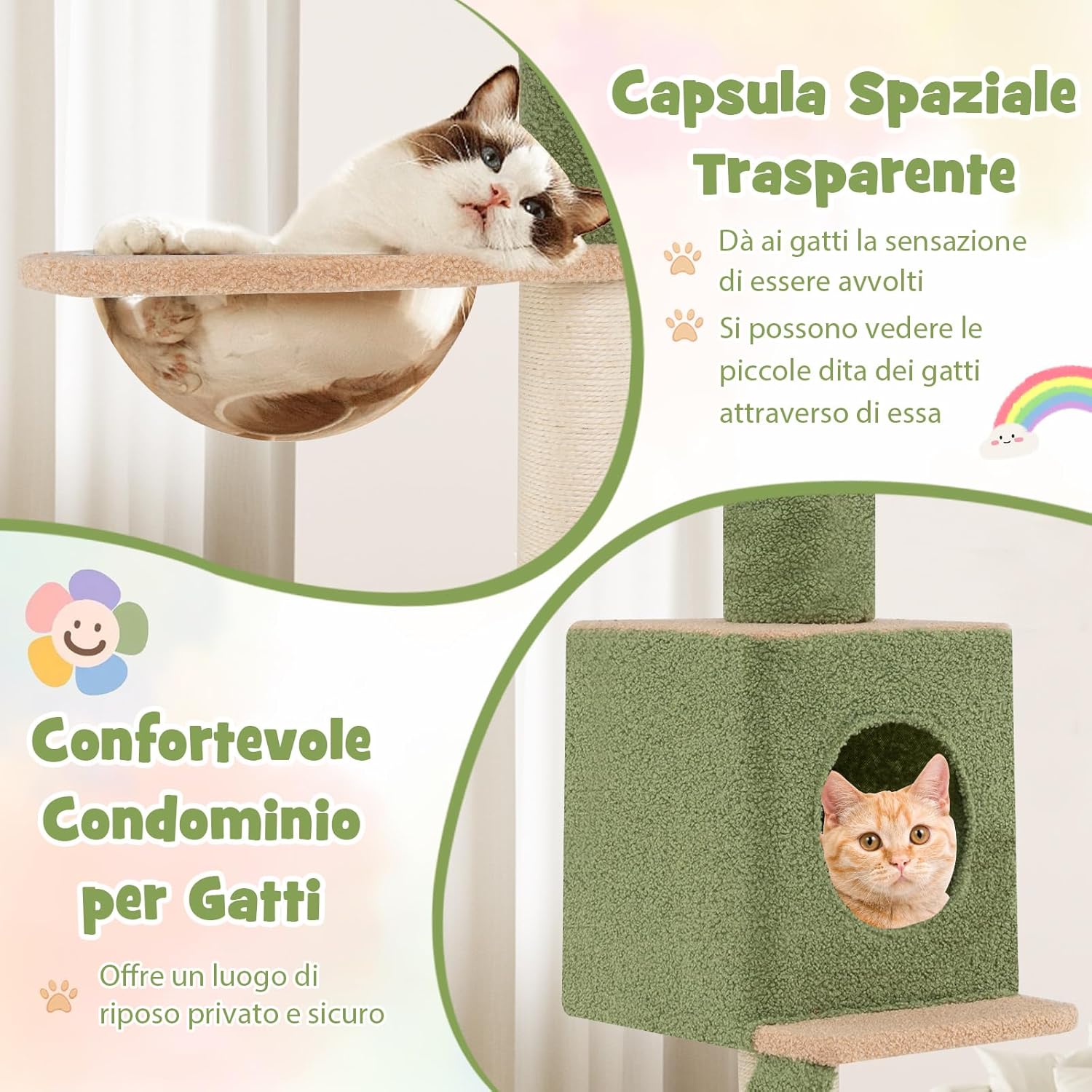 Tiragraffi per Gatti con Altezza Regolabile 218-253cm, Torre per Animali Domestici con 5 Livelli, Cordino, Pali in Sisal e Scala, Albero per Gatti, Verde