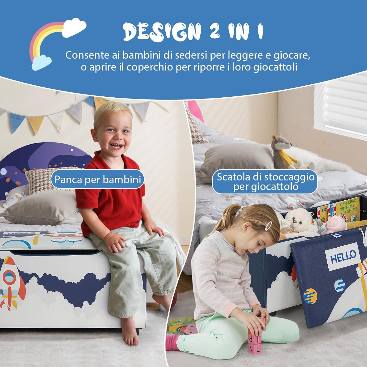 Cassapanca per Bambini in Legno, Panca 2 in 1 per Bambini con Coperchio Rimovibile, Organizer per Bambini per Soggiorno, Cameretta e Nido, 75 x 36 x 38 cm (Blu+Bianco)