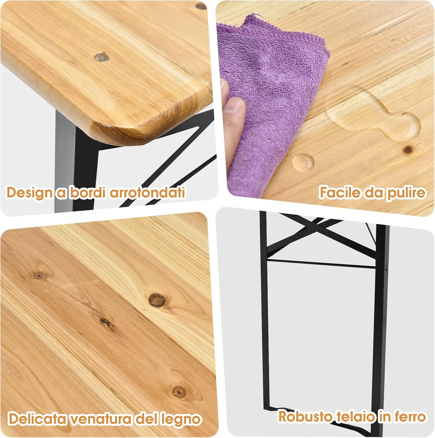 Tavolo e Panche da Esterno Pieghevoli in Legno, Tavolo da Esterno e Interno con 2 Panche con Robusta Struttura in Metallo, Ideale per Cortile, Patio e Giardino