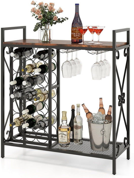 Portabottiglie da Terra per 21 Bottiglie, Portabottiglie da Vino con Supporto per Bicchieri, Piano in Legno e Mensola per Stoccaggio, Struttura Metallica，per Cucina e Bar (Marrone)