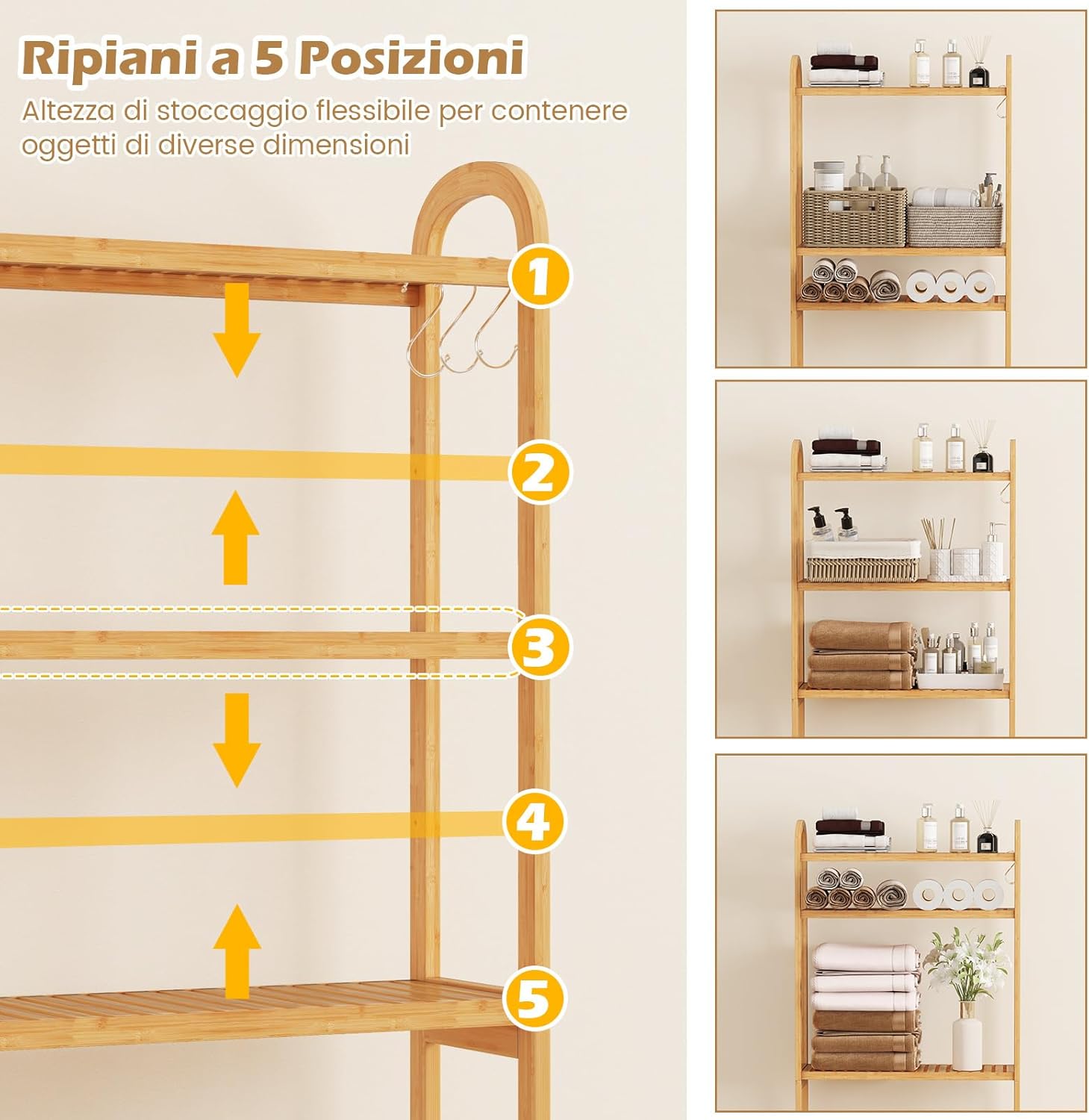 Scaffale Bagno Salvaspazio 71,5 x 25 x 166 cm, Mobile Sopra Lavatrice in Bambù a 3 Livelli con Ripiani a 5 Posizioni, 3 Ganci e Barra Inferiore, Porta Piante da Interno e Esterno