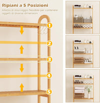 Scaffale Bagno Salvaspazio 71,5 x 25 x 166 cm, Mobile Sopra Lavatrice in Bambù a 3 Livelli con Ripiani a 5 Posizioni, 3 Ganci e Barra Inferiore, Porta Piante da Interno e Esterno