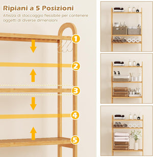 Scaffale Bagno Salvaspazio 71,5 x 25 x 166 cm, Mobile Sopra Lavatrice in Bambù a 3 Livelli con Ripiani a 5 Posizioni, 3 Ganci e Barra Inferiore, Porta Piante da Interno e Esterno