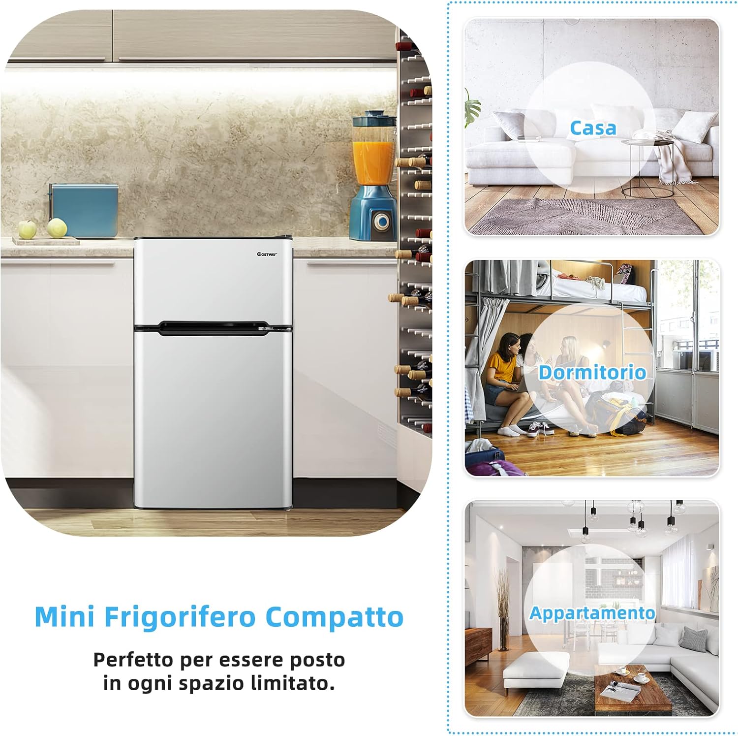 Frigorifero 90 L (27+63), Freezer Separato con 2 Ante e Luce LED, Refrigerazione Rapida, Silenzioso, Mini Frigo per Ufficio Casa Bar Hotel, 220-240 V/50 Hz (Grigio) [Classe di efficienza energetica E]