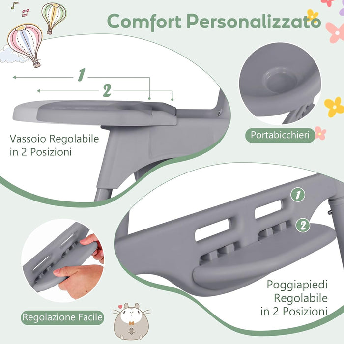 4 in 1 Seggiolone per Bambini, Seggiolone Papa con Vassoio Regolabile, Sedia da Terra per Bambini con Poggiapiedi, pert Bambini 6-36 Mesi (Grigio)