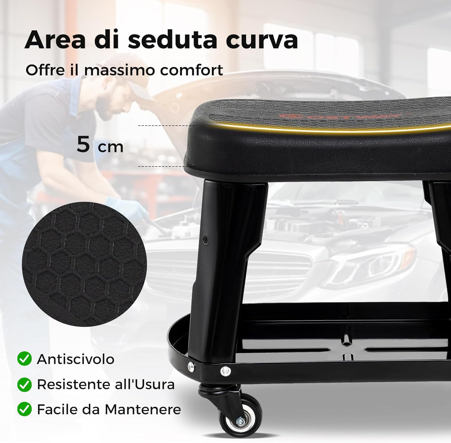 Sgabello da Officina con Ruote Universali e Vassoio Porta Attrezzi, Sgabello Meccanico con Maniglia Porta Utensili, Sedia da Garage con Sedile Rimovibile, Portata di 136 kg, 44 x 27 x 35 cm