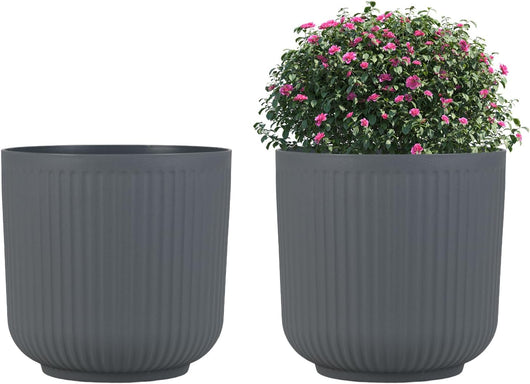 Set di Vasi Rotondi in Plastica, 2 Vasi per Fiori a Strisce con Sistema di Drenaggio Opzionale, Vasi Decorativi per Piante da Interni ed Esterni per Veranda, Giardino e Balcone