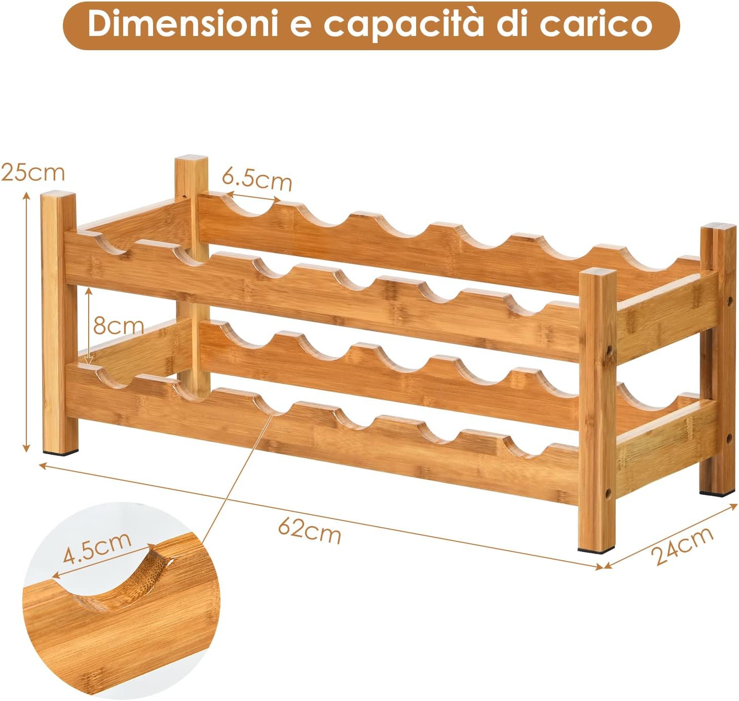 Scaffale per Vino con 2 Livelli di Bambù, Organizer Vini per 12 Bottiglie, Espositore Vini Salva Spazio, Catinetta Portabottiglie, 62 x 24 x 25 cm (Naturale)