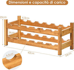 Scaffale per Vino con 2 Livelli di Bambù, Organizer Vini per 12 Bottiglie, Espositore Vini Salva Spazio, Catinetta Portabottiglie, 62 x 24 x 25 cm (Naturale)