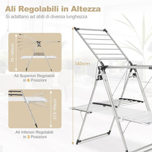 Stendibiancheria da Pavimento Pieghevole, Stendino a 2 Piani con Barra per Appendere, Ala Regolabile in Altezza, Clip per Calzini, Gancio per Scarpe, Stendibiancheria per Interno ed Esterno
