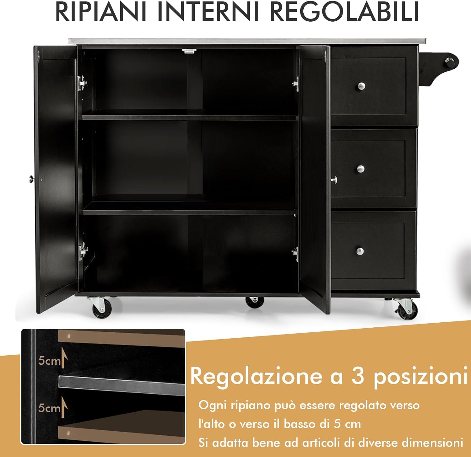 Carrello da Cucina, Isola da Cucina con Piano in Acciaio Inox, 3 Cassetti e Armadietto a 2 Ante, Ripiani Regolabili e Portasciugamani e Portaspezie, 135x45,5x 91,5 cm (Nero)