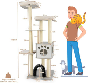 Albero Tiragraffi per Gatti 176 cm, Tiragraffi per Gatti con 2 Trespoli in Tessuto Felpato, Arco Massaggiante, Cuccia, Pali in Sisal e Tapettini Lavabili, Torre per Animali Domestici (Grigio)
