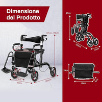 Deambulatore 2 in 1 per Anziani in Alluminio, Rollator Pieghevole e Regolabile in Altezza con Sedia, Schienale Reversibile, Manici Regolabili, Ruote, Poggiapiedi e Borsa Rimovibile (Nero)