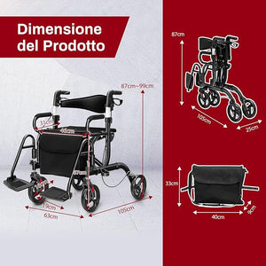 Deambulatore 2 in 1 per Anziani in Alluminio, Rollator Pieghevole e Regolabile in Altezza con Sedia, Schienale Reversibile, Manici Regolabili, Ruote, Poggiapiedi e Borsa Rimovibile (Nero)