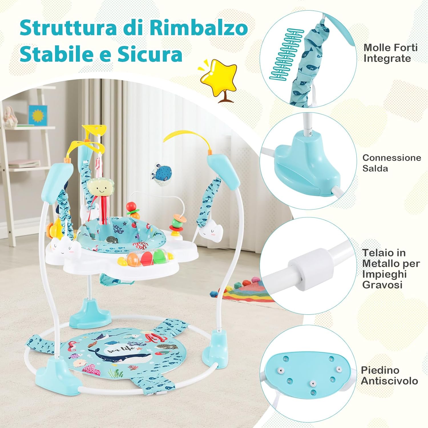 Jumperoo per Bambini, Centro attività Saltella con Altezza Regolabile, Gioco Saltellante con Sedile Girevole a 360°, Saltarello per Neonati con Luci e Suoni per Bambini 6+ Mesi (Azzurro)