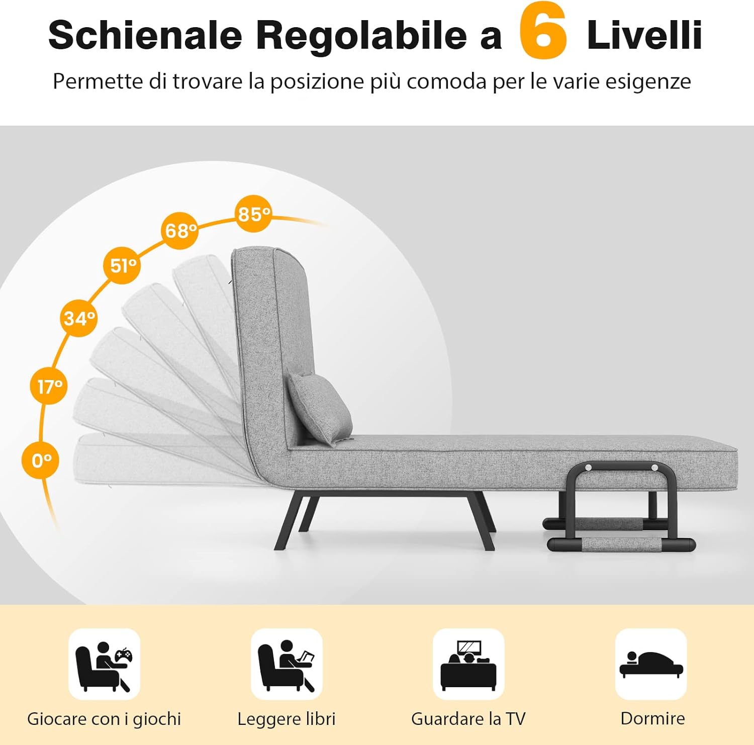 Poltrona Letto Singolo, Poltroncina Pieghevole con Schienale Regolabile 6 Posizioni, Cuscino Rimovibile e Sedile Imbottito Robusto, Divano Letto per Casa Ufficio, 79x65x79 cm (Grigio chiaro)