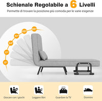 Poltrona Letto Singolo, Poltroncina Pieghevole con Schienale Regolabile 6 Posizioni, Cuscino Rimovibile e Sedile Imbottito Robusto, Divano Letto per Casa Ufficio, 79x65x79 cm (Grigio chiaro)