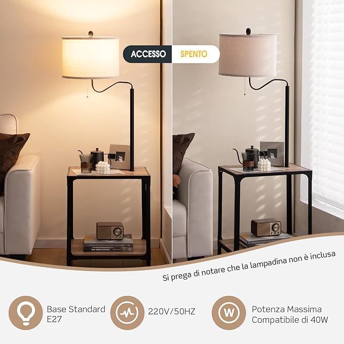 Lampada da Terra in Metallo e Legno, Lampada da Lettura con Tavolino, Mensola e Porta USB, Lampada Ruotabile di 360° per Camera da letto e Salotto