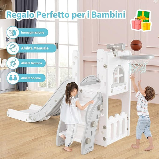 6 in 1 Scivolo per Bambini, Set da Gioco a Forma di L con Canestro da Basket e Telescopio, Spazio di Archiviazione, Scivolo da Interno ed Esterno per 1-3 Anni (Grigio)