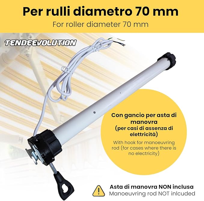 Motore Elettrico Professionale 100Kg/50Nm Silenzioso con Asta Soccorso, Centralina Sole-Vento-Pioggia, Telecomando - Tapparelle/Tende Sole Ø70mm