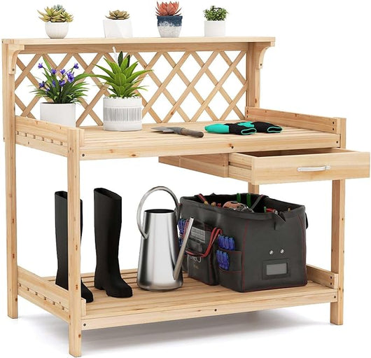 Tavolo per Piante in Legno, Tavolo da Giardino con Traliccio, Cassetto Rimovibile e Ripiano, Tavolino per Vasi di Fiori da Interno ed Esterno per Cortile, Balcone, Prato e Terrazzo