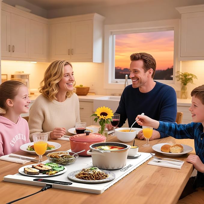 Tappetino Riscaldante per Alimenti, Scaldavivande Elettrico Arrotolabile in Silicone, con Tempo e Temperature Regolabili, Cinturino Autobloccante, per Scongelamento (60 x 38cm,Bianco)