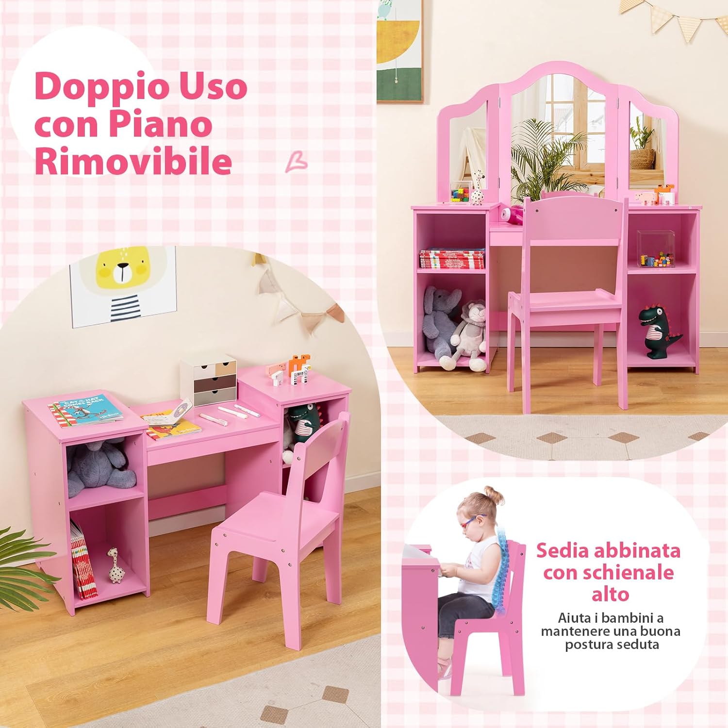 Set Toeletta per Bambini 2 in 1, Set Postazione Trucco in Legno con Sedia, Specchio a 3 Ante Rimovibile e 4 Scomparti, per Bambini 3+ Anni (Rosa)