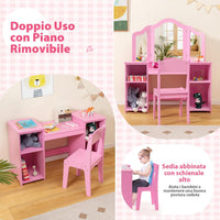 Set Toeletta per Bambini 2 in 1, Set Postazione Trucco in Legno con Sedia, Specchio a 3 Ante Rimovibile e 4 Scomparti, per Bambini 3+ Anni (Rosa)