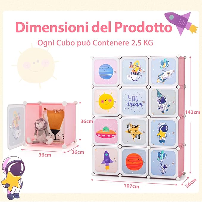 Portatile Guardaroba per Bambini, Armadio Guardaroba Modulare per Bambini con 2 Barre Appendiabiti, per Cameretta Camera da Letto, 107 x 36 x 142 cm (Rosa)