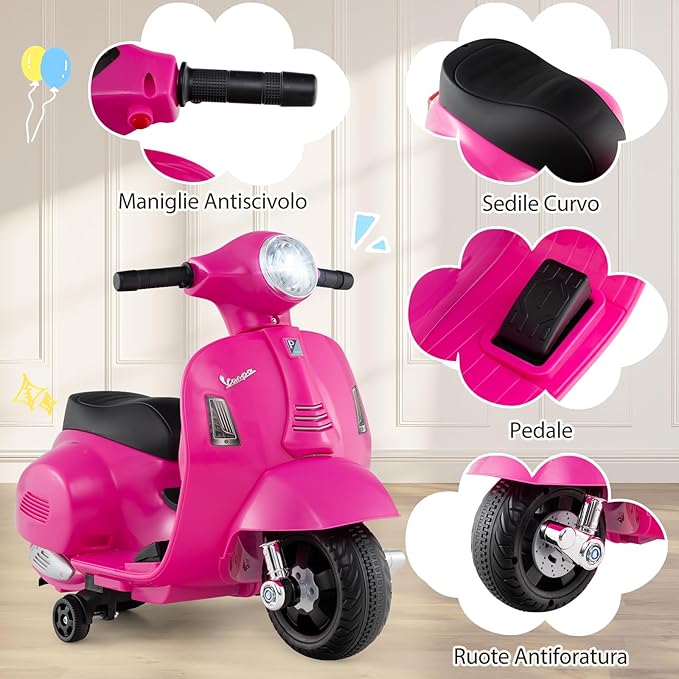 Moto Elettrica per Bambini, 6V Mini Moto per Bambini 18-36 Mesi, con Licenza Ufficiale Vespa, con Luci a LED e Suoni di Clacson, Portata 25 kg, 2 Ruote di Allenamento, 2,5 km/h (Rosa)