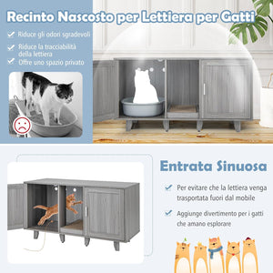 Mobile per Lettiera per Gatti 120 x 52 x 65 cm, Casetta per Gatti con 2 Ante, Fori, Tiragraffi e Gambe Staccabili, Mobile Versatile e Moderno per Salotto (Quercia grigia)