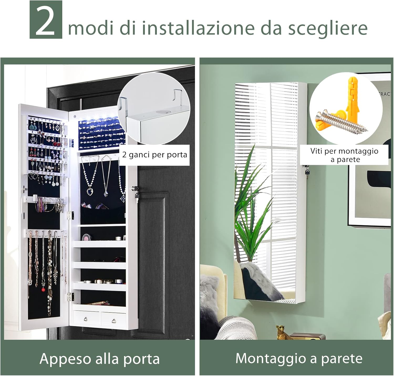 Armadietto Portagioie con Specchio, Armadio per Gioielli con 6 Luci LED e Cassetti, Organizer Gioielli per Camera da Letto e Cabina Armadio, 36 x 10 x 108 cm (Bianco)