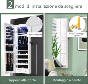 Armadietto Portagioie con Specchio, Armadio per Gioielli con 6 Luci LED e Cassetti, Organizer Gioielli per Camera da Letto e Cabina Armadio, 36 x 10 x 108 cm (Bianco)