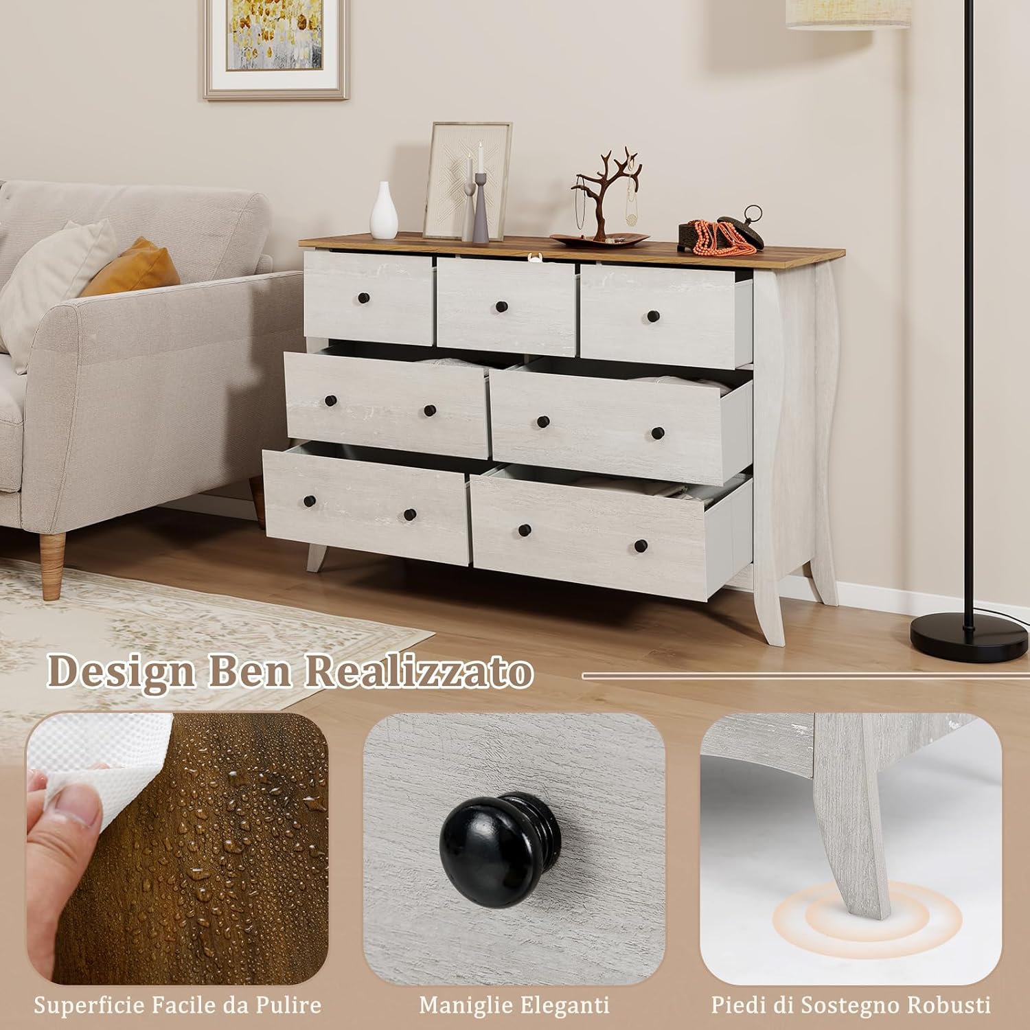 Cassettiera a 7 Cassetti in Tessuto, Cassettiera per Camera da Letto in Legno Rustico, Cassettiera Cameretta Salvaspazio per Soggiorno, Corridoio, Cucina, 120 x 38,5 x 77,5 cm (Grigio)